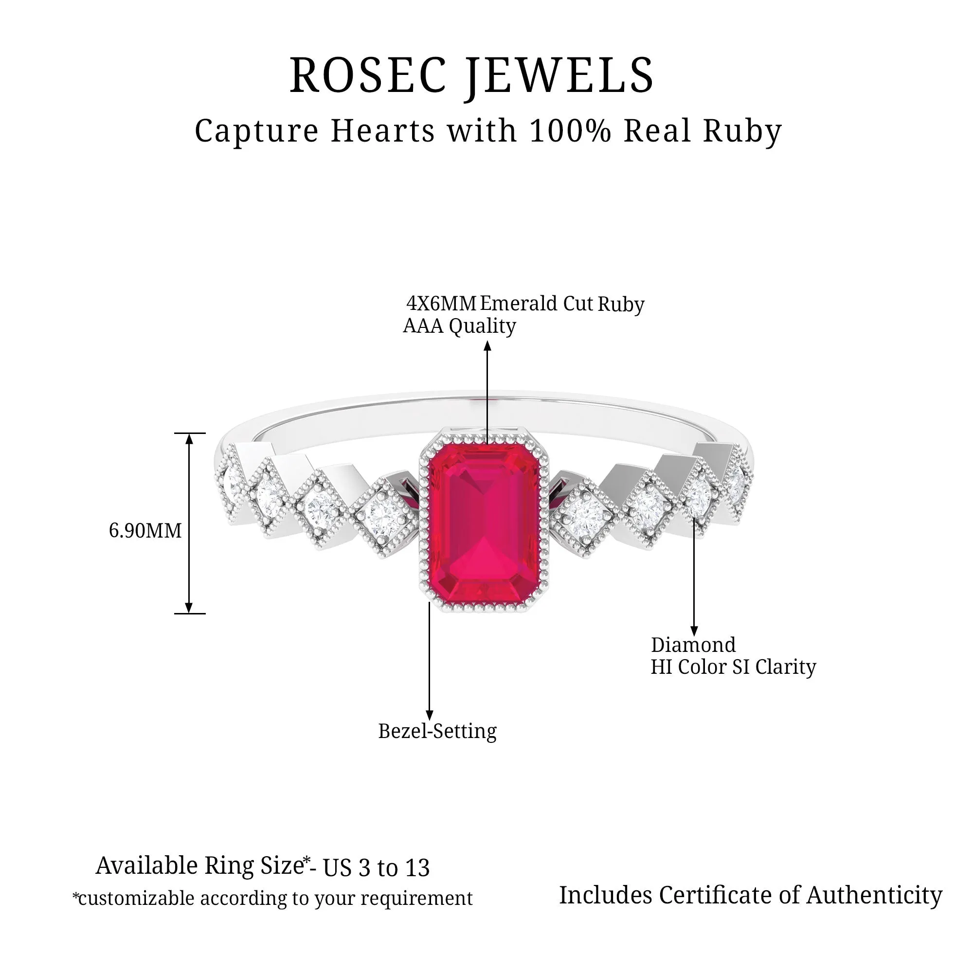 0.75 CT Octagon Cut Solitaire Ruby Engagement Ring with Diamond Side Stones