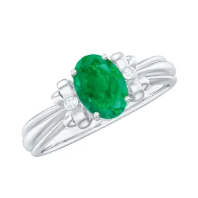 0.75 CT Oval Emerald Solitaire Floral Ring with Diamond Accent