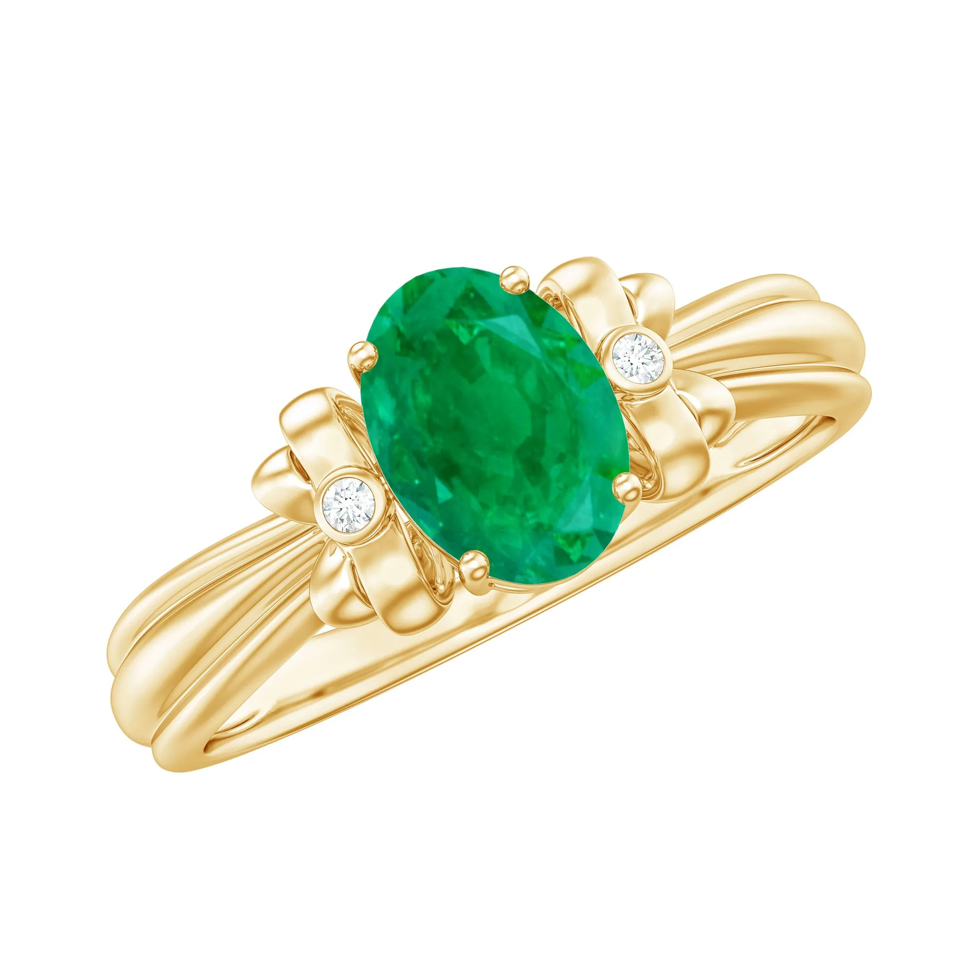 0.75 CT Oval Emerald Solitaire Floral Ring with Diamond Accent