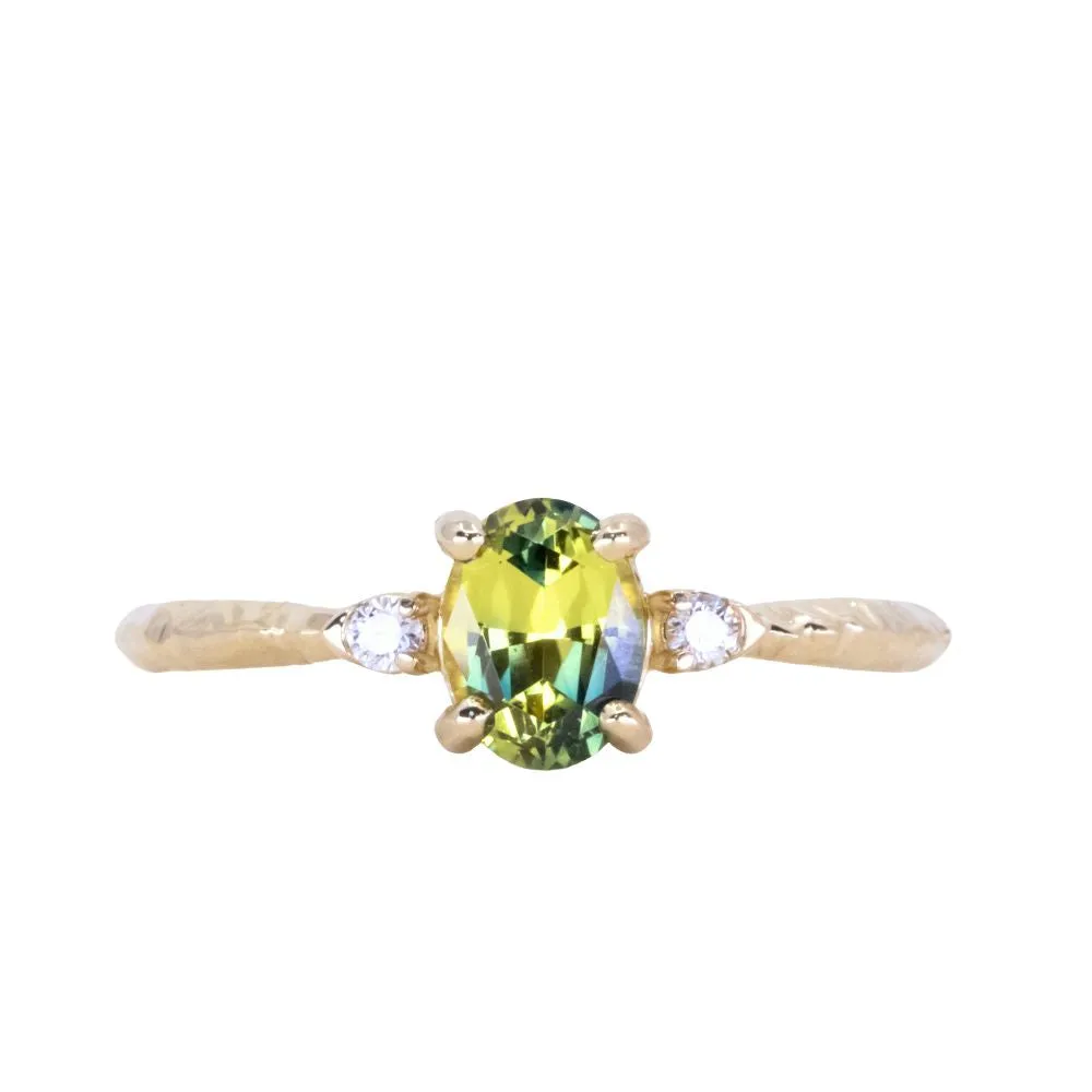 0.82ct Parti Oval Green Australian Sapphire and Diamond Dainty Three Stone Ring in 14k Yellow Gold