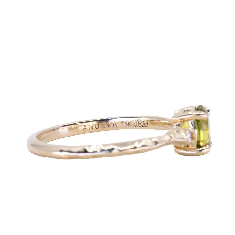 0.82ct Parti Oval Green Australian Sapphire and Diamond Dainty Three Stone Ring in 14k Yellow Gold