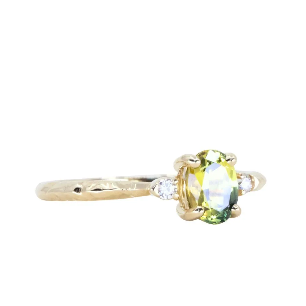 0.82ct Parti Oval Green Australian Sapphire and Diamond Dainty Three Stone Ring in 14k Yellow Gold