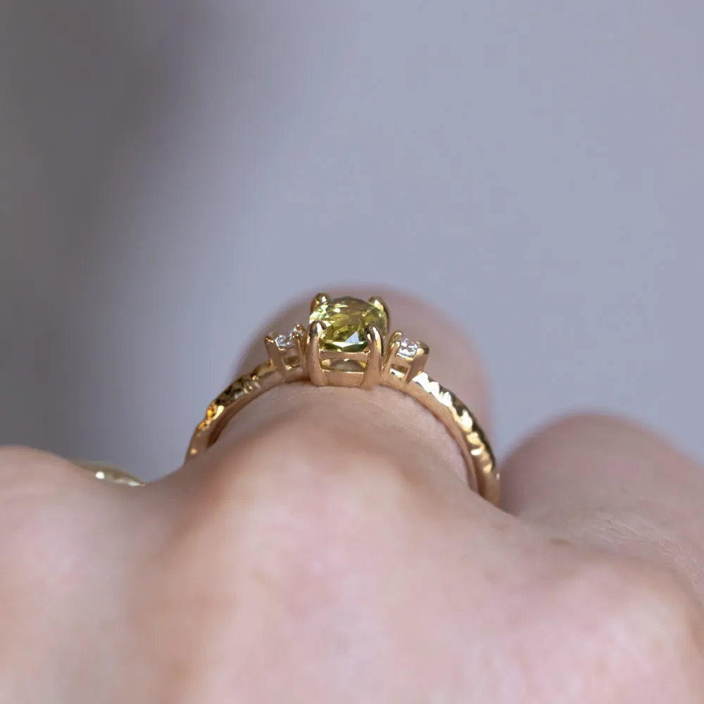 0.82ct Parti Oval Green Australian Sapphire and Diamond Dainty Three Stone Ring in 14k Yellow Gold