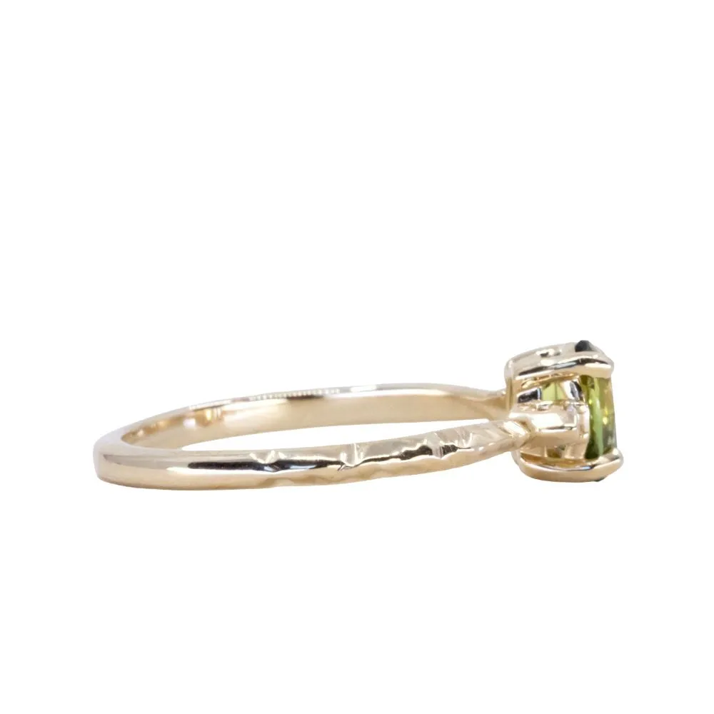 0.82ct Parti Oval Green Australian Sapphire and Diamond Dainty Three Stone Ring in 14k Yellow Gold