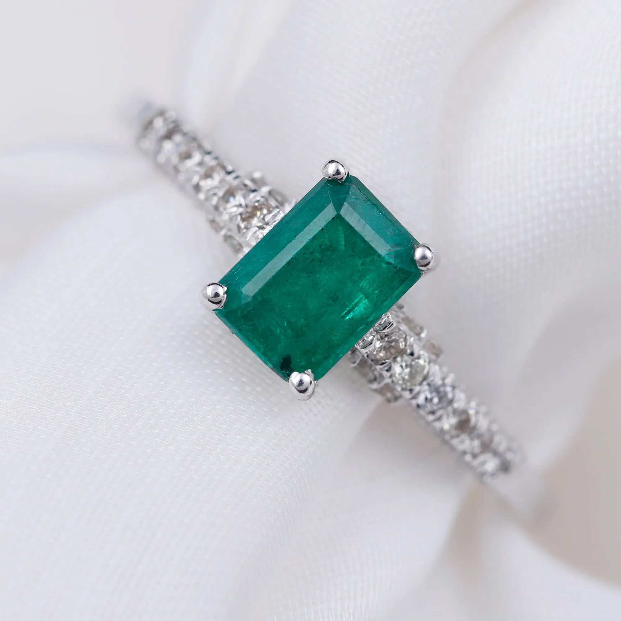 1 CT Octagon shape Emerald Classic Engagement Ring with Diamond Side Stones