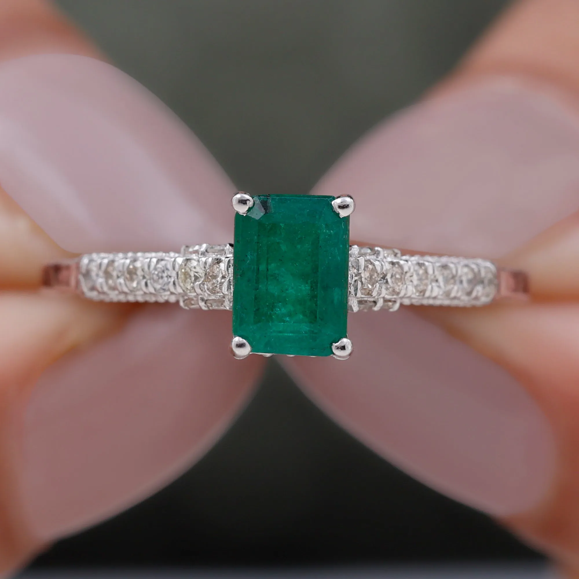 1 CT Octagon shape Emerald Classic Engagement Ring with Diamond Side Stones