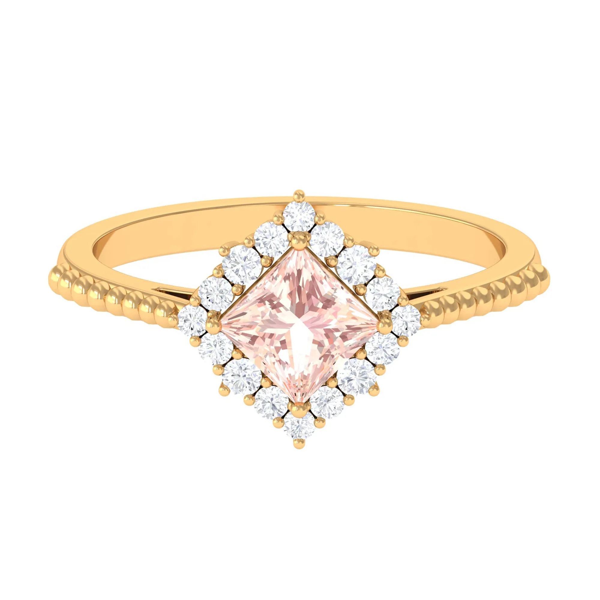 1 Ct Princess Morganite and Diamond Halo Engagement Ring