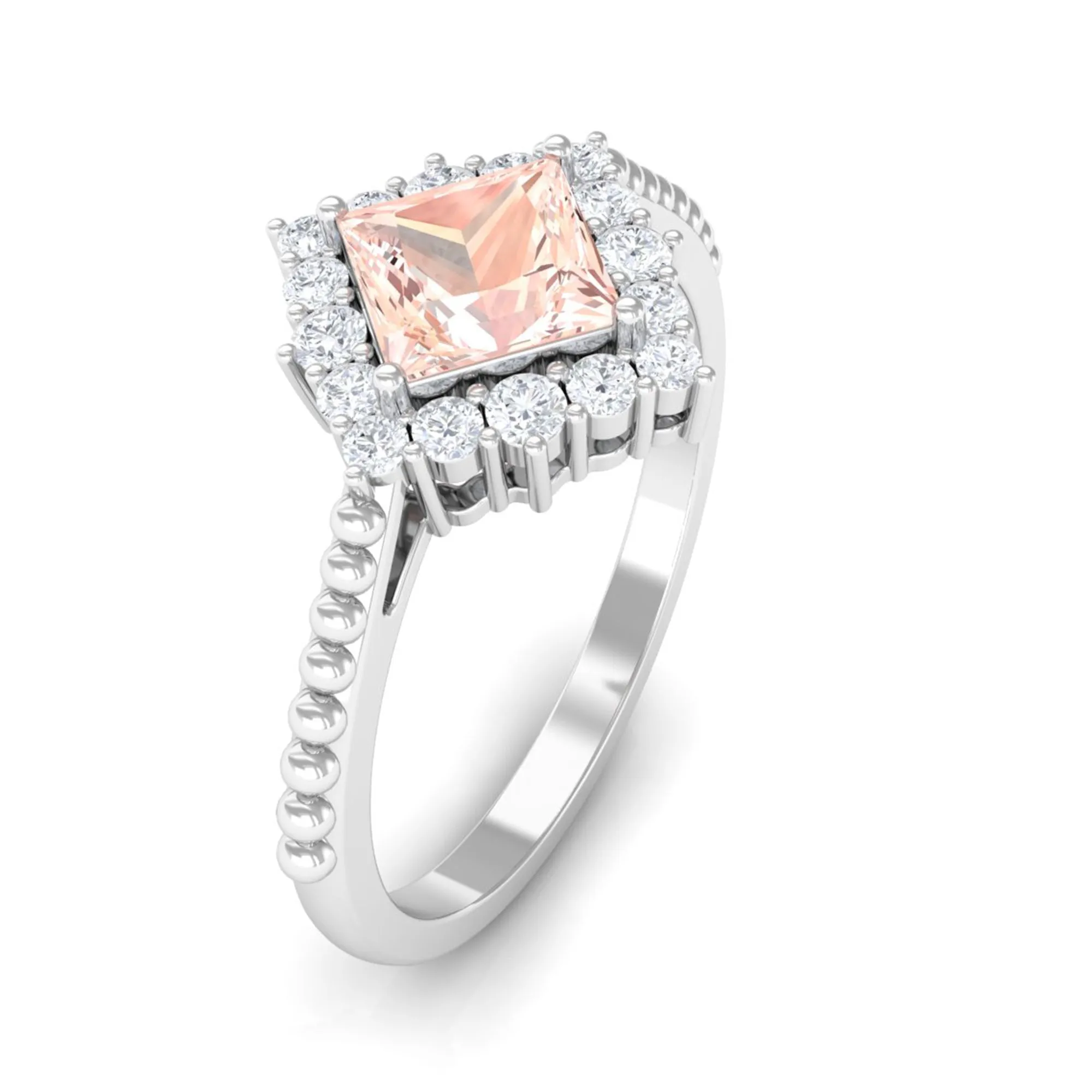 1 Ct Princess Morganite and Diamond Halo Engagement Ring