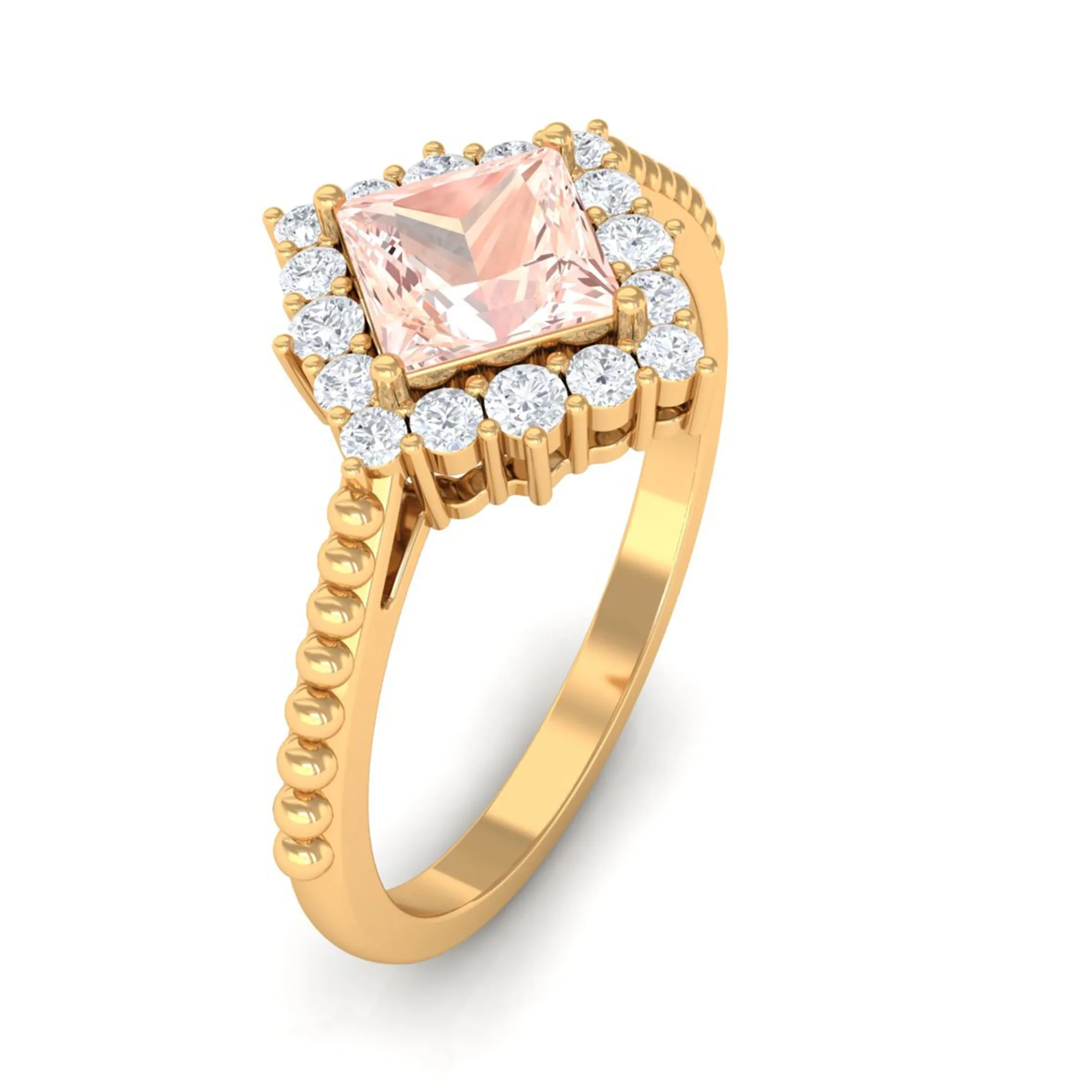 1 Ct Princess Morganite and Diamond Halo Engagement Ring