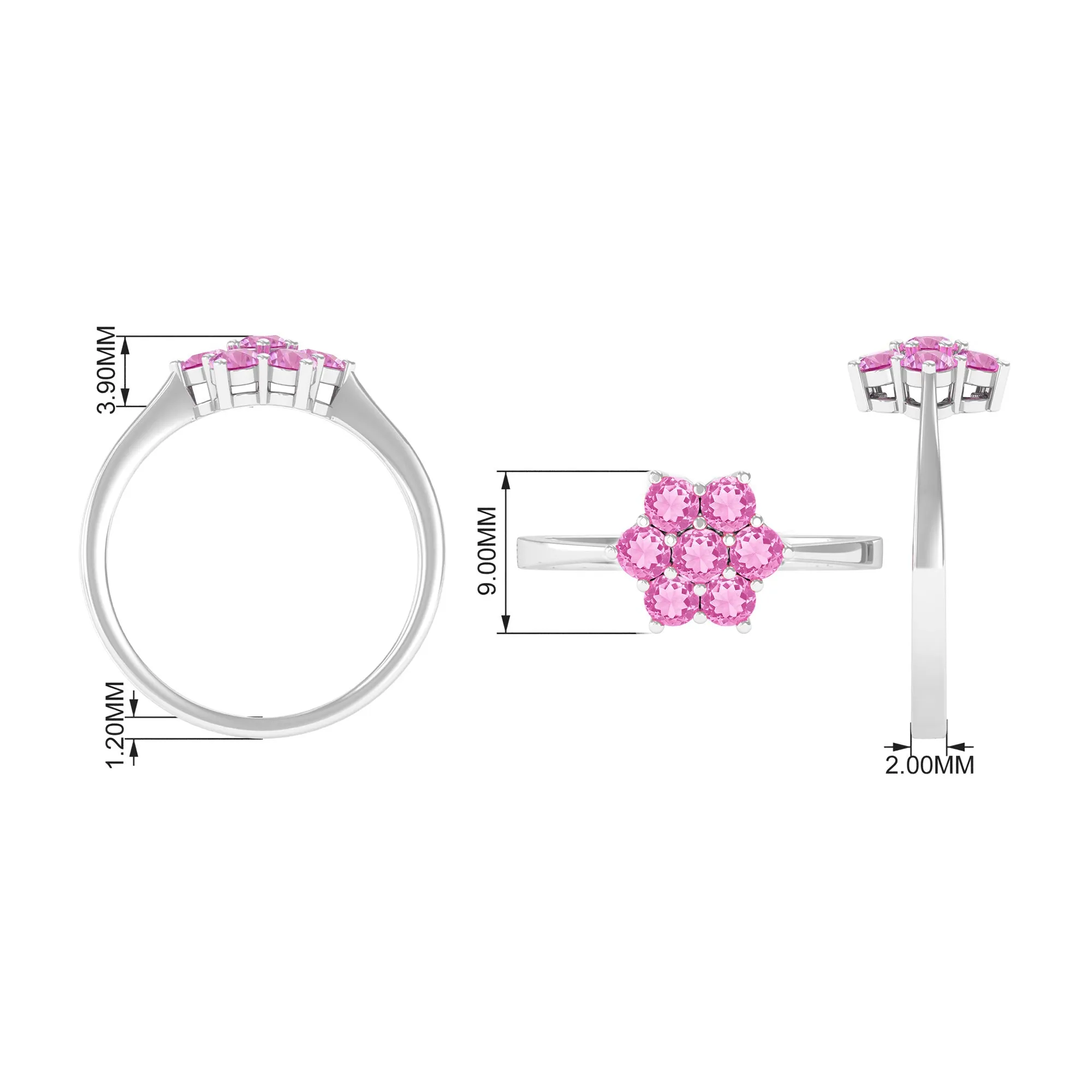 1 CT Round Shape Pink Sapphire Cluster Flower Ring