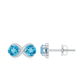 1 CT Simple Swiss Blue Topaz Two Stone Infinity Stud Earrings