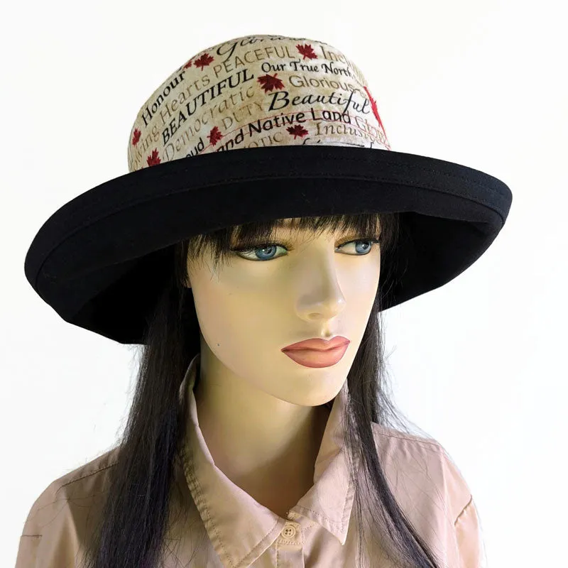 101 Sunblocker UV summer sun hat with large wide brim featuring Canada patriotic words maple leaves