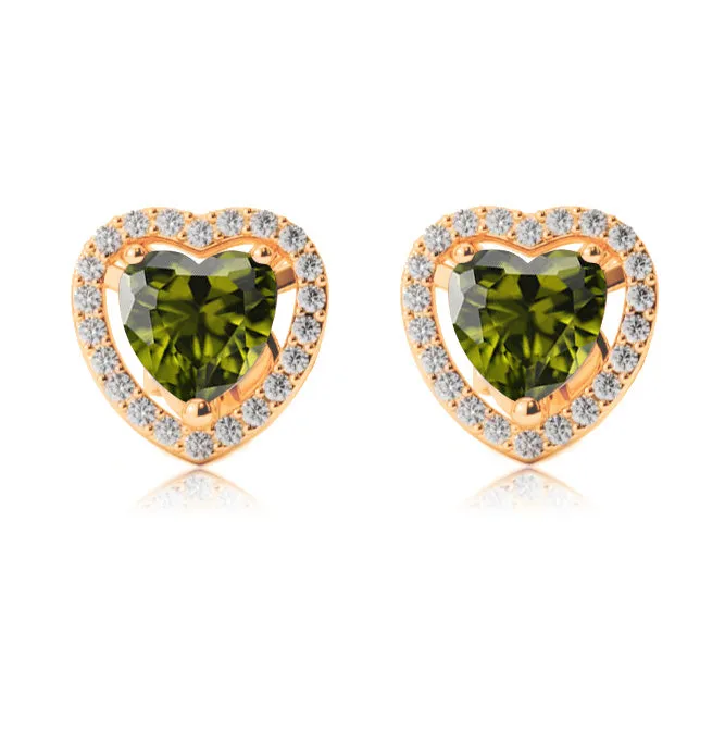 10k Yellow Gold Plated 1/2 Ct Created Halo Heart Peridot Stud Earrings