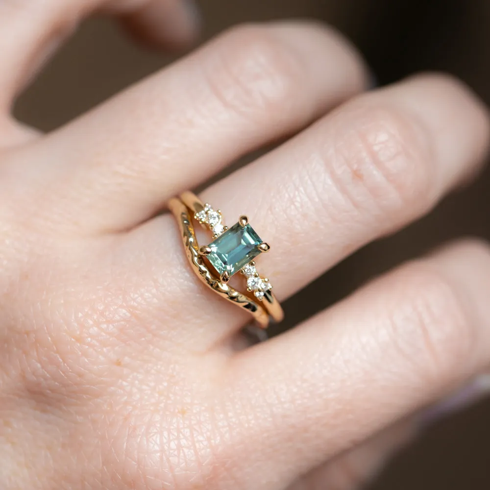 1.13ct Emerald Cut Seafoam Teal Australian Sapphire and Diamond Starry Night Low Profile Solitaire in 14k Yellow Gold