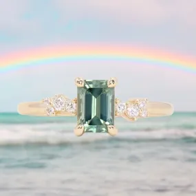 1.13ct Emerald Cut Seafoam Teal Australian Sapphire and Diamond Starry Night Low Profile Solitaire in 14k Yellow Gold