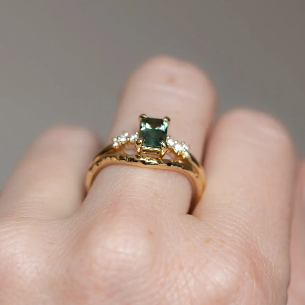 1.13ct Emerald Cut Seafoam Teal Australian Sapphire and Diamond Starry Night Low Profile Solitaire in 14k Yellow Gold