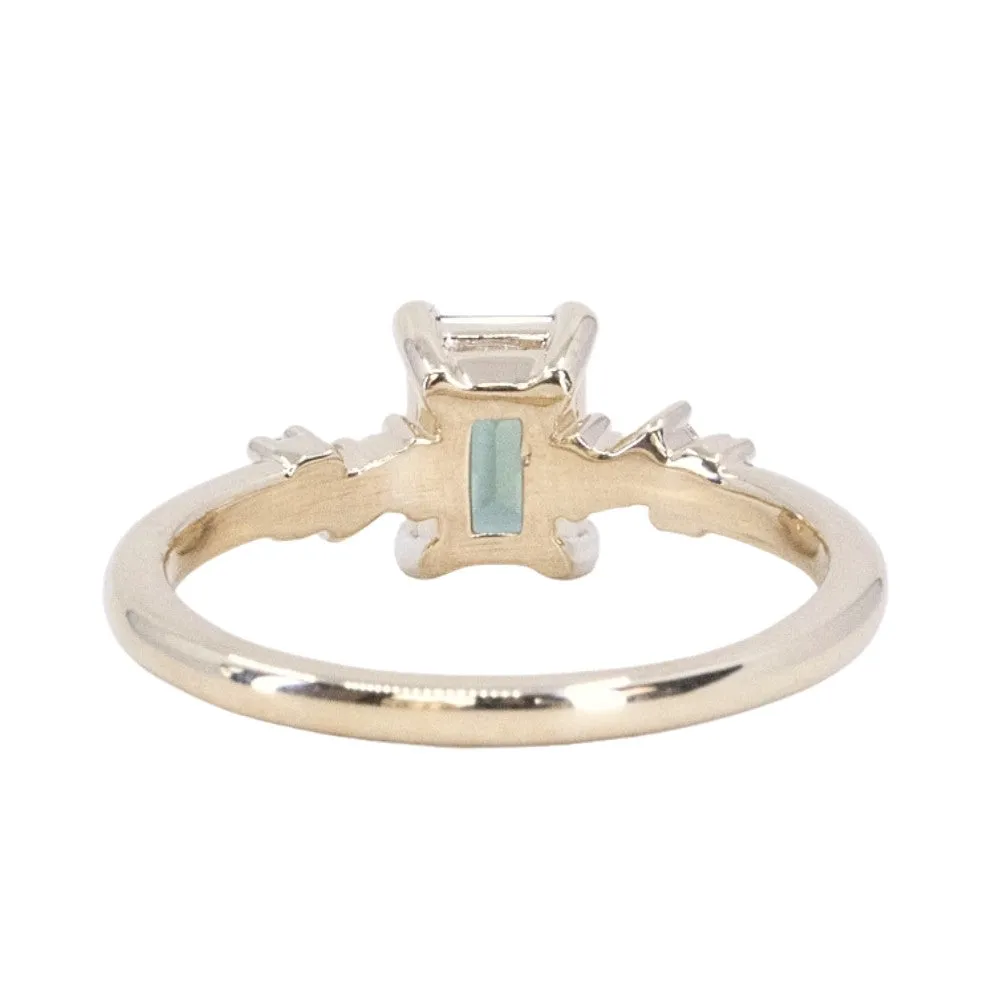 1.13ct Emerald Cut Seafoam Teal Australian Sapphire and Diamond Starry Night Low Profile Solitaire in 14k Yellow Gold