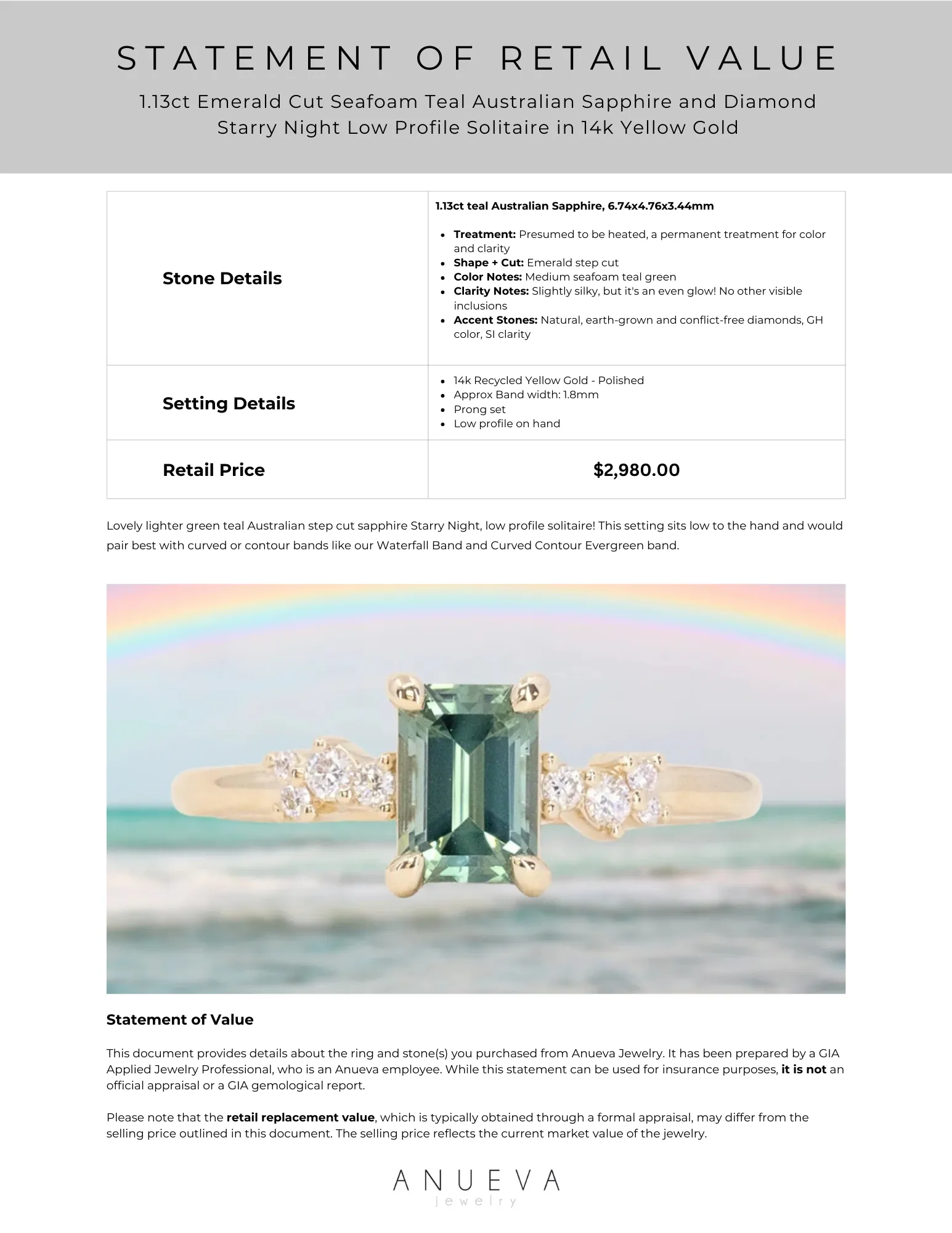 1.13ct Emerald Cut Seafoam Teal Australian Sapphire and Diamond Starry Night Low Profile Solitaire in 14k Yellow Gold