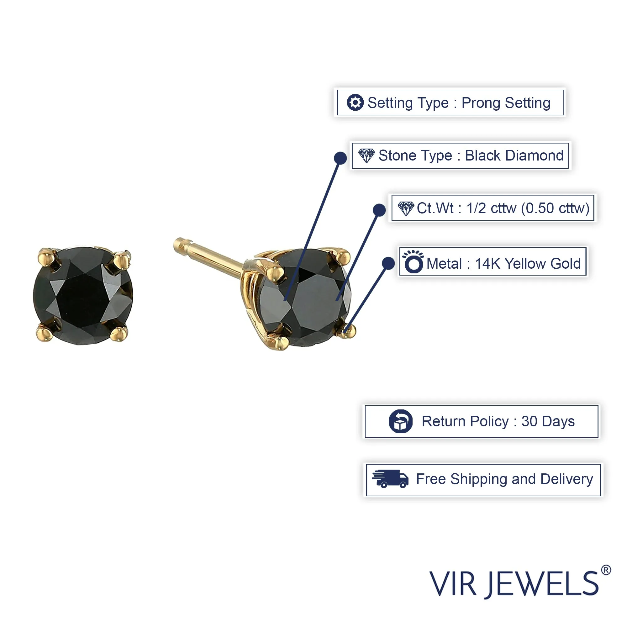 1/2 cttw Black Diamond Stud Earrings 14K White or Yellow Gold Round 4 Prong