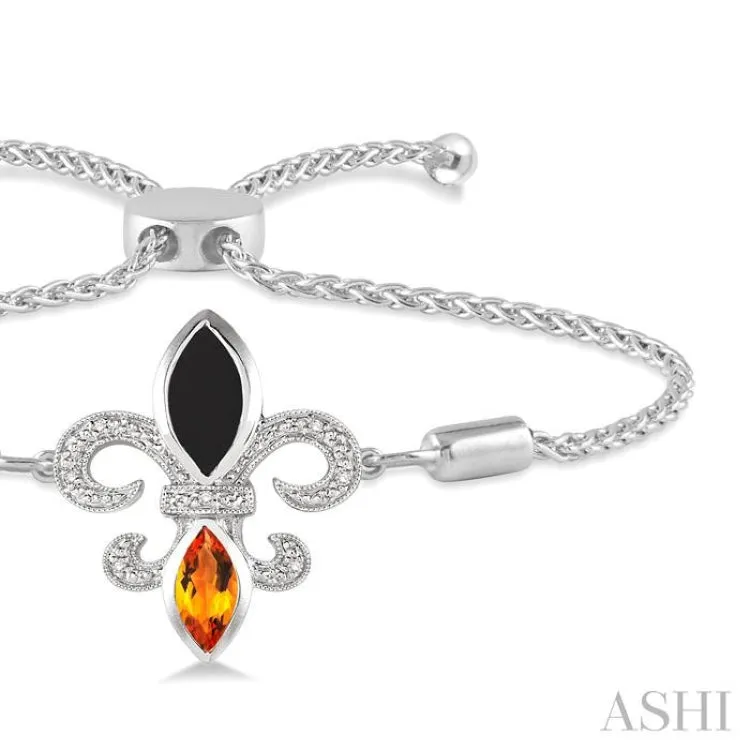 1/20 Ctw Marquise 10x5 MM Onyx & 8x4 MM Citrine Round Diamond Fleur De Lis Sterling Silver Lariat Bracelet