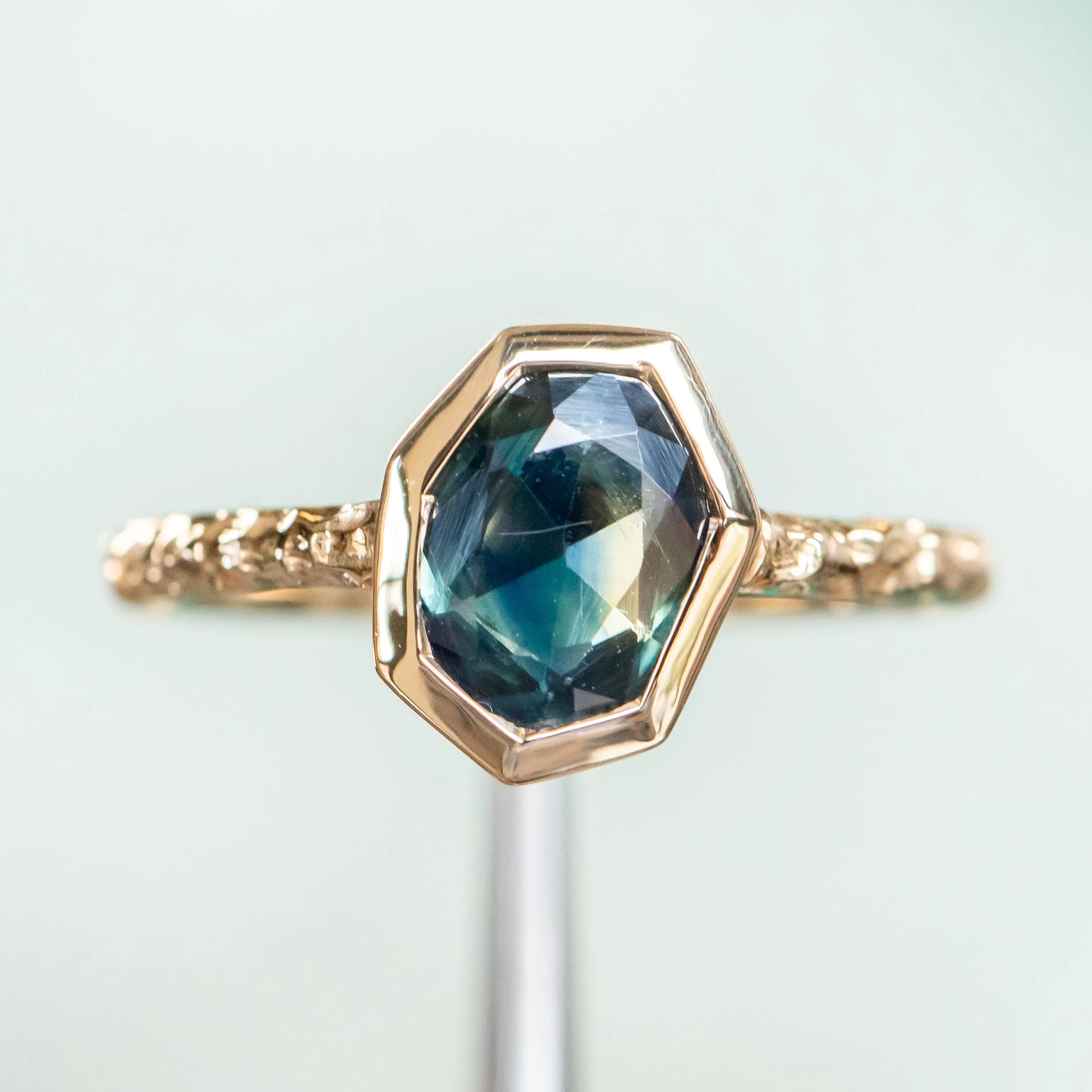 1.29ct Geo Slice Parti Blue Sapphire Evergreen Low Profile Bezel Solitaire Ring in 14k Yellow Gold