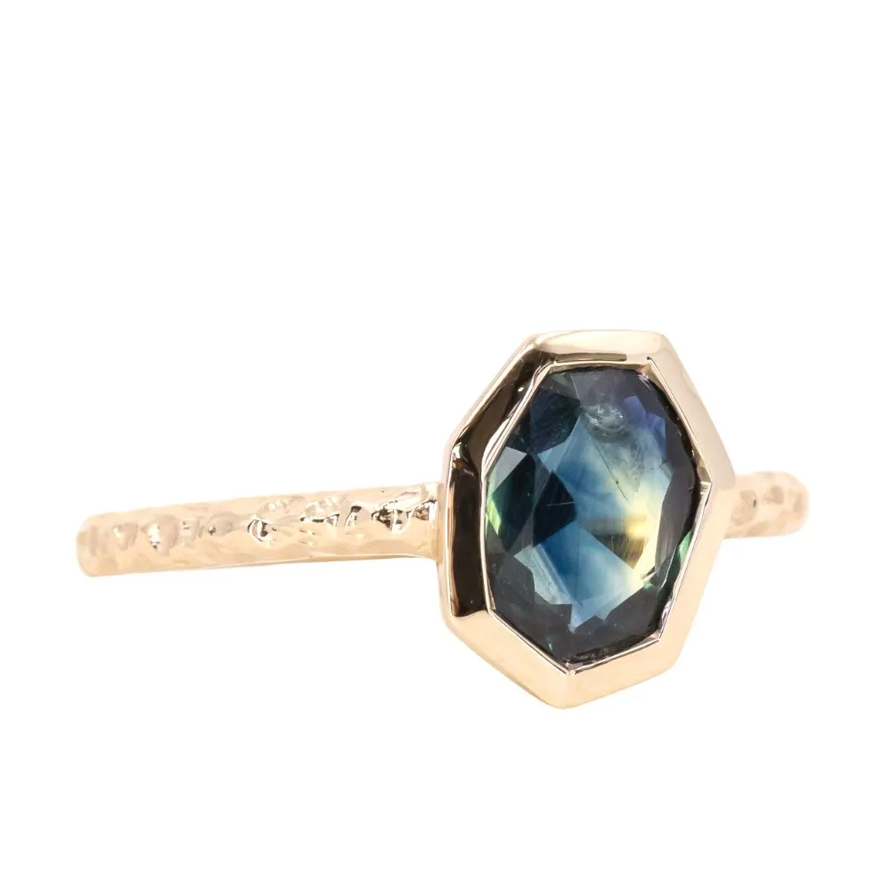 1.29ct Geo Slice Parti Blue Sapphire Evergreen Low Profile Bezel Solitaire Ring in 14k Yellow Gold