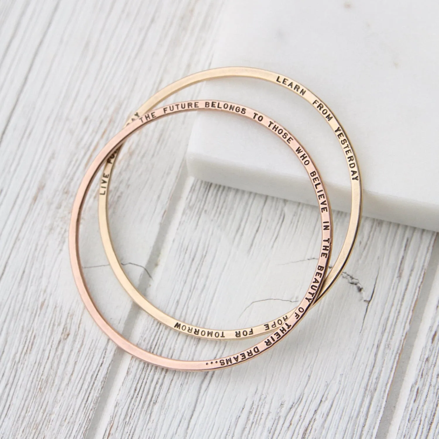 14k Rose Gold Flat Hand Stamped Bangle ~ "The future belongs to those who believe..."