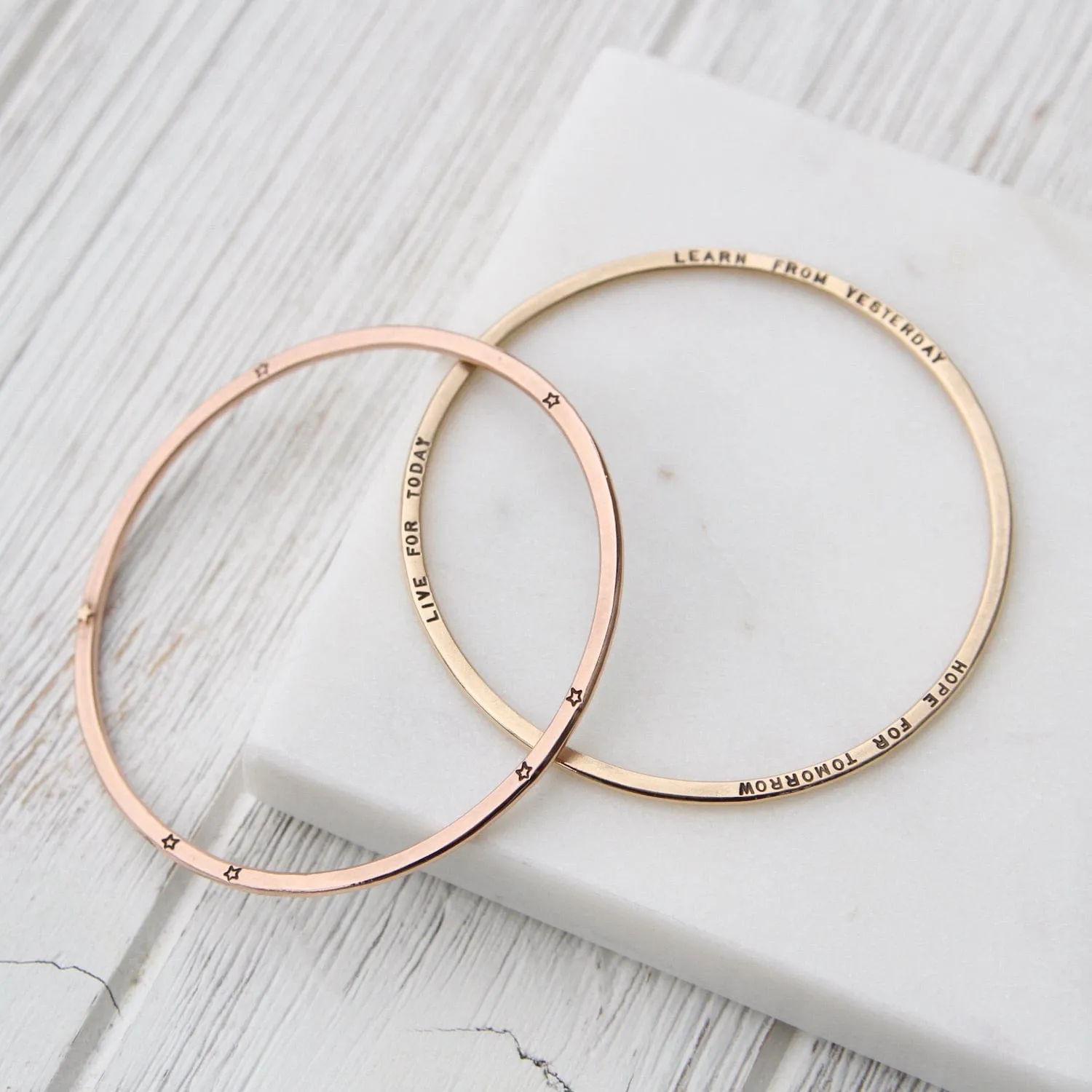 14k Rose Gold Flat Hand Stamped Bangle ~ "The future belongs to those who believe..."