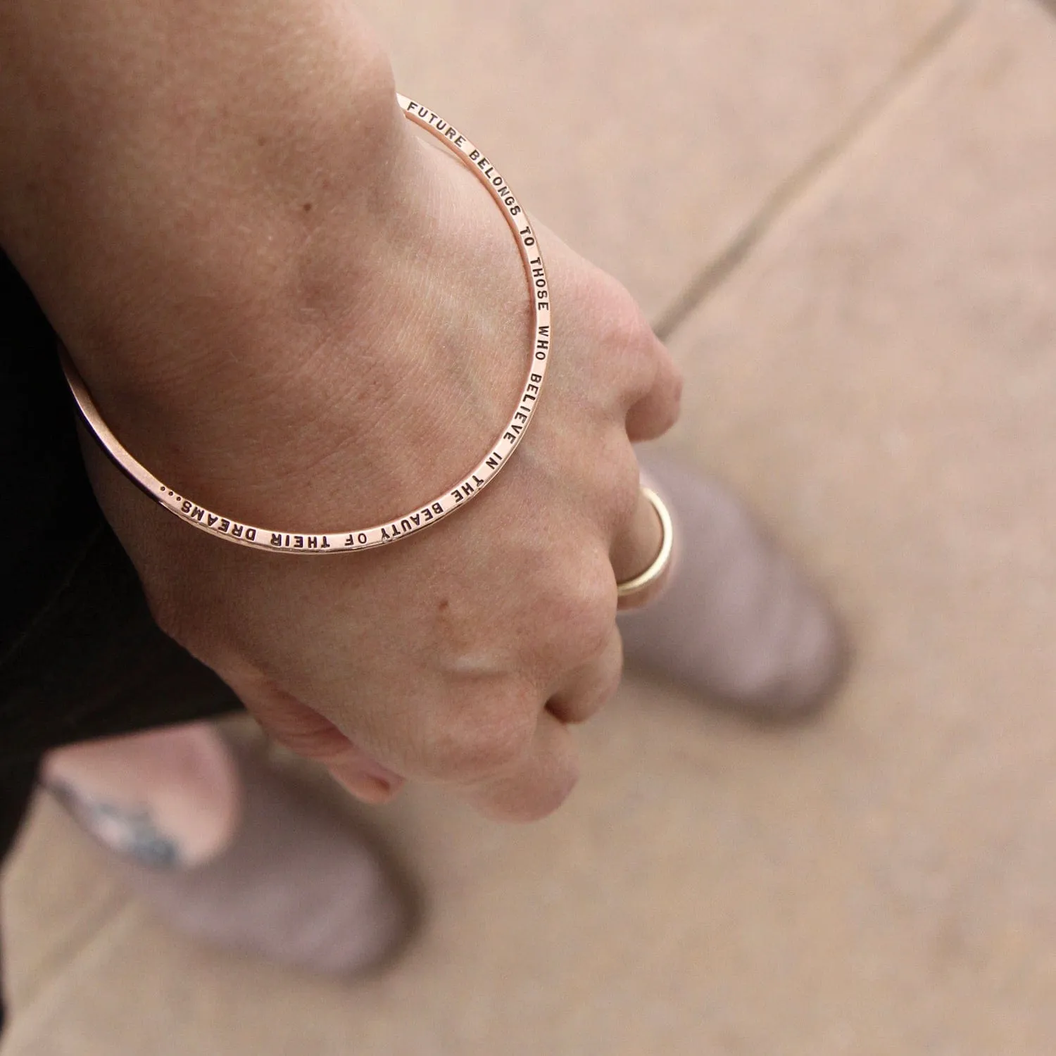 14k Rose Gold Flat Hand Stamped Bangle ~ "The future belongs to those who believe..."