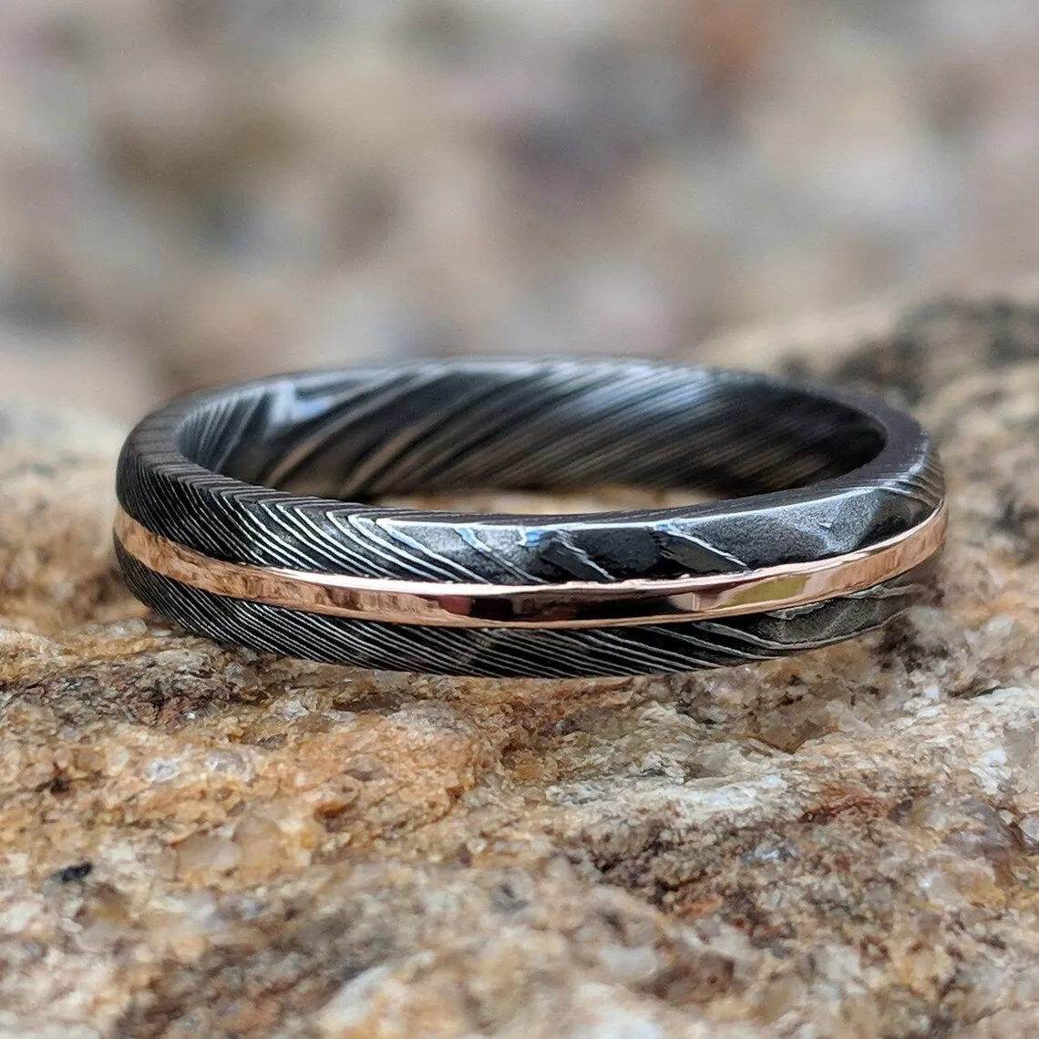 14k Solid Rose Gold Damascus Steel Wedding Bands, Ladies Damascus Steel Bands