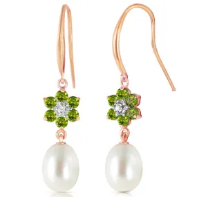 14K Solid Rose Gold Fish Hook Earrings w/ Diamonds, Peridots & Pearls