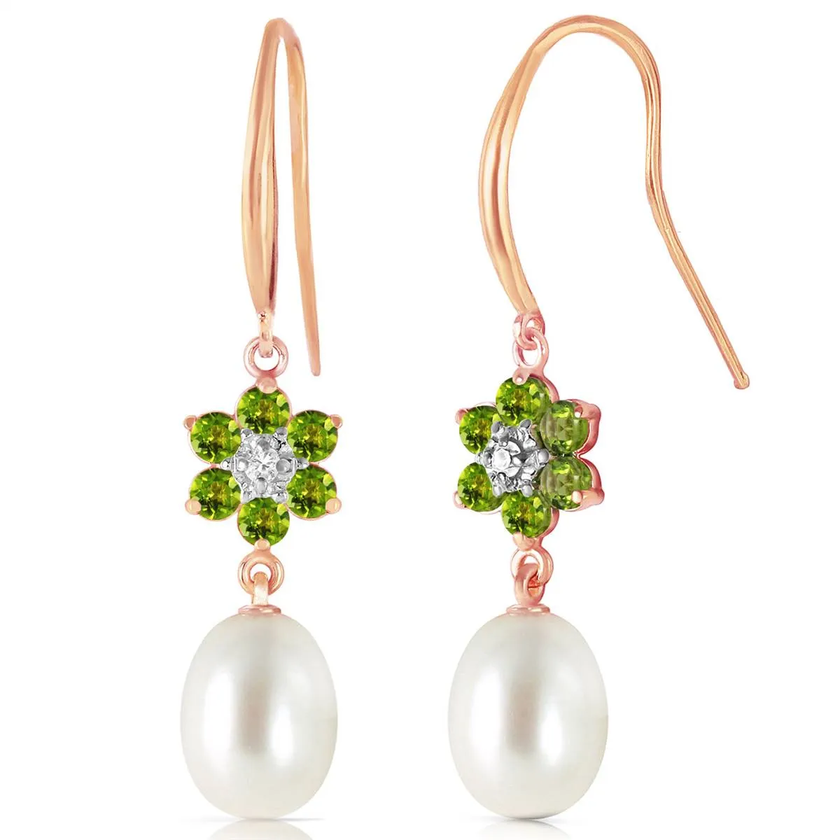 14K Solid Rose Gold Fish Hook Earrings w/ Diamonds, Peridots & Pearls