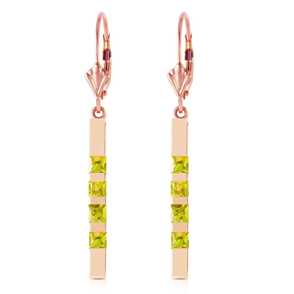 14K Solid Rose Gold Leverback Earrings Bar w/ Natural Peridots