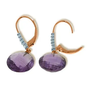 14K Solid Rose Gold Leverback Earrings Diamond & Amethyst Certified