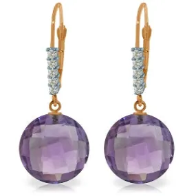 14K Solid Rose Gold Leverback Earrings Diamond & Amethyst Certified