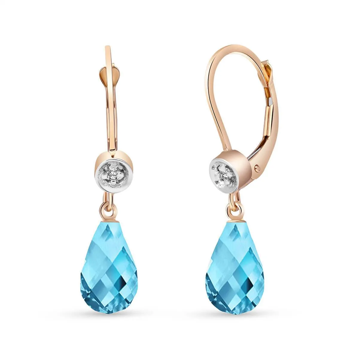 14K Solid Rose Gold Leverback Earrings Diamond & Blue Topaz Certified