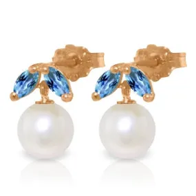 14K Solid Rose Gold Stud Earrings w/ Pearls & Blue Topaz