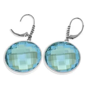 14K Solid White Gold Diamonds Leverback Earrings w/ Checkerboard Cut Round Blue Topaz