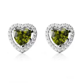 14k White Gold Plated 2 Ct Created Halo Heart Peridot Stud Earrings