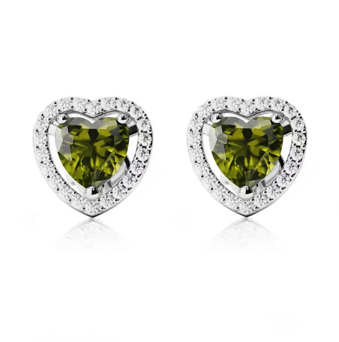 14k White Gold Plated 2 Ct Created Halo Heart Peridot Stud Earrings