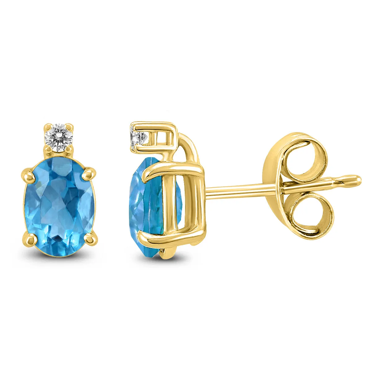 14K Yellow Gold 7X5Mm Oval Blue Topaz And Diamond Earrings