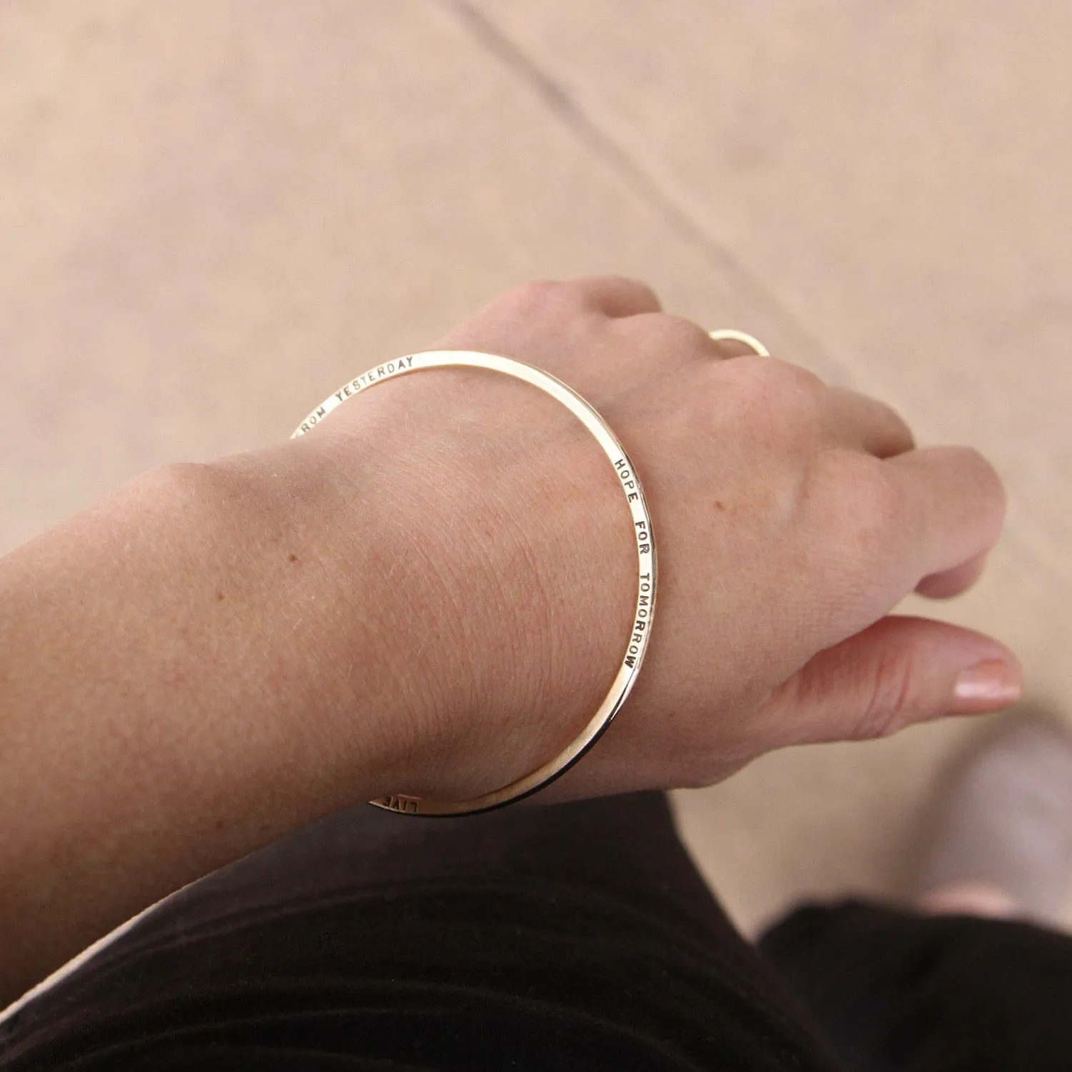 14k Yellow Gold Flat Hand Stamped Bangle ~ "Live for today, Learn from yesterday, Hope for tomorrow"