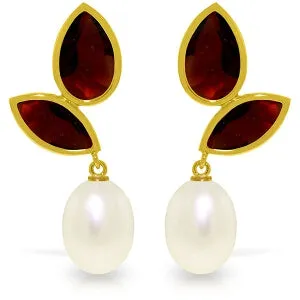 16 Carat 14K Solid Yellow Gold Chandelier Earrings Pearl Garnet