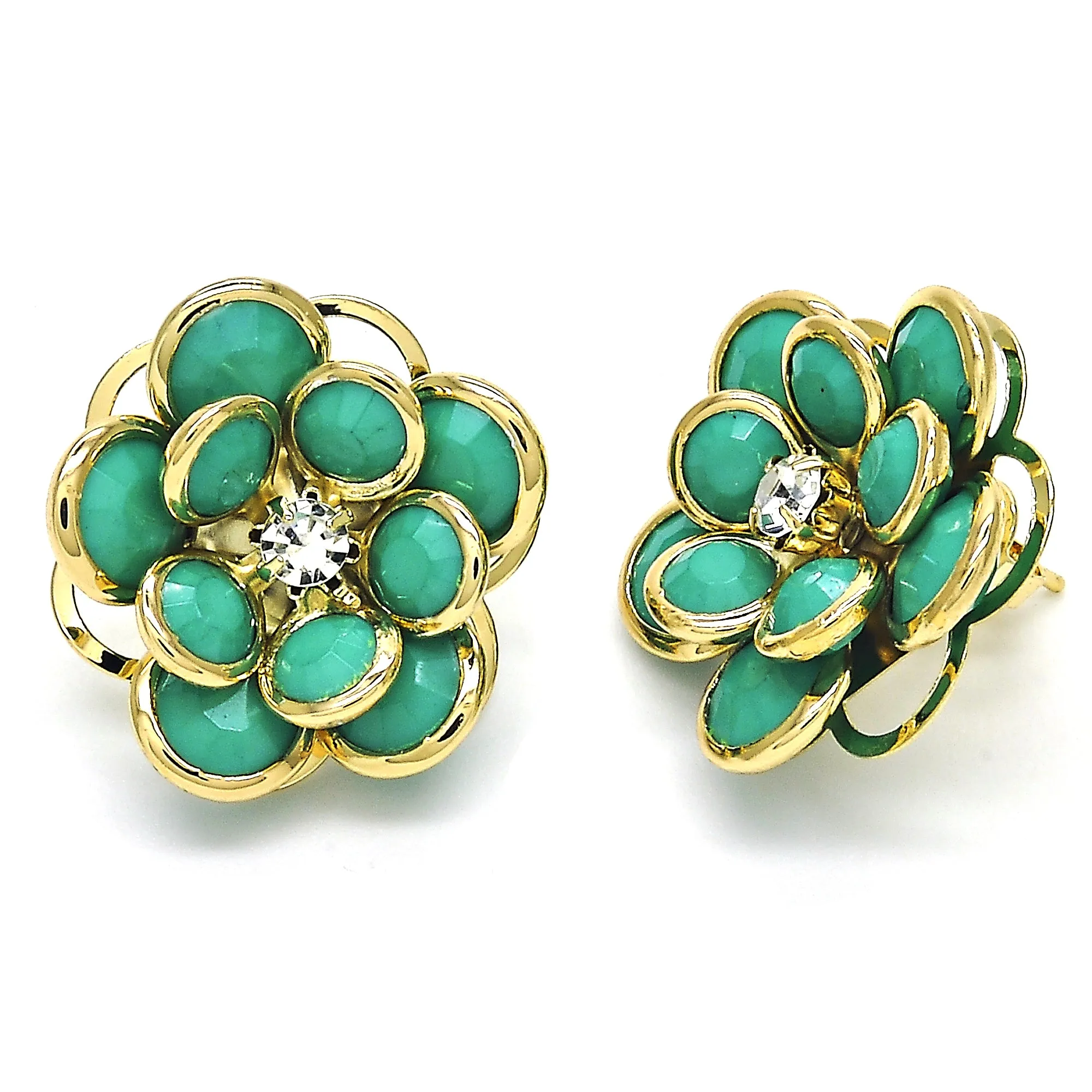 18k Filled High Polish Finsh JADE Hibiscus Crystal Stud Earring 18K gold