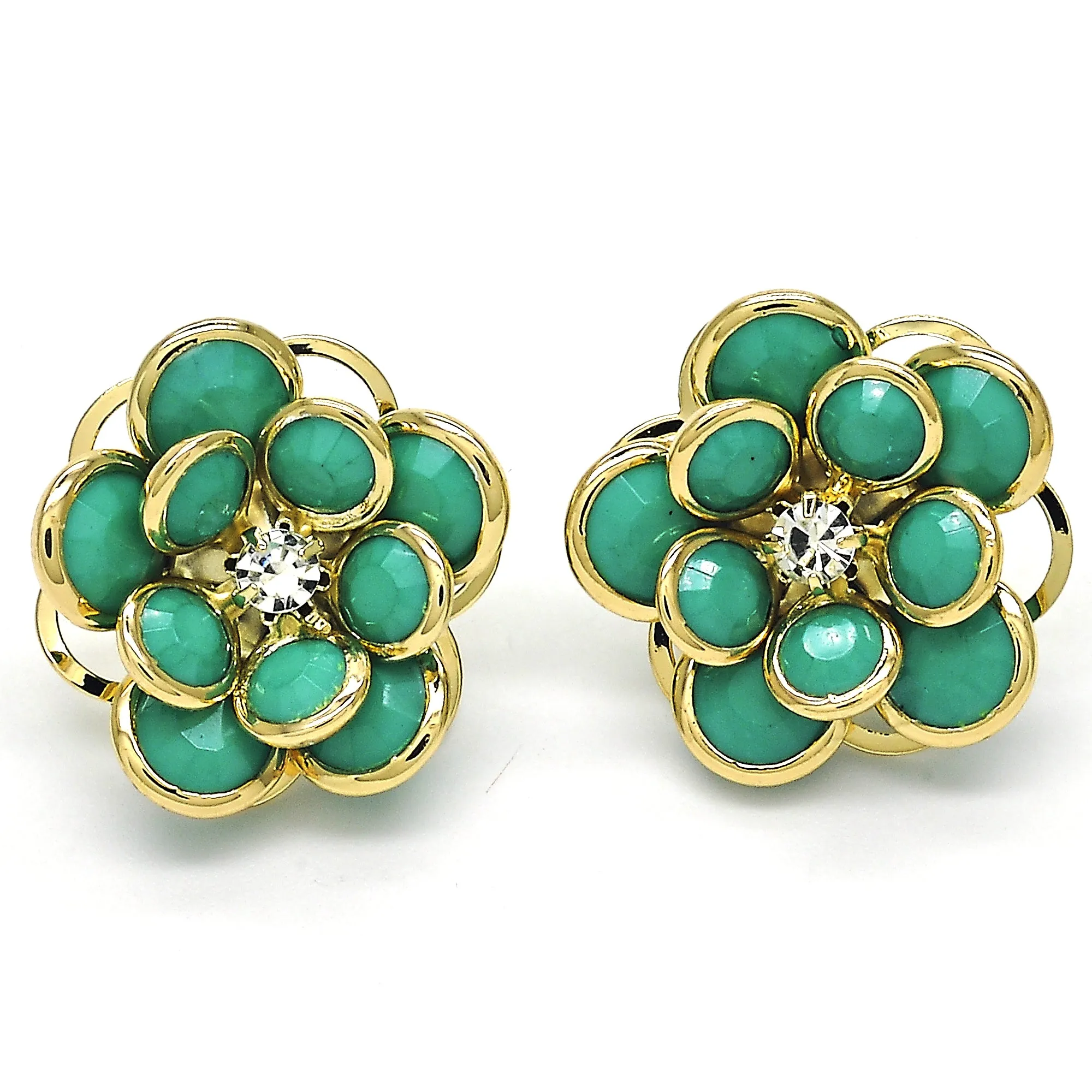 18k Filled High Polish Finsh JADE Hibiscus Crystal Stud Earring 18K gold