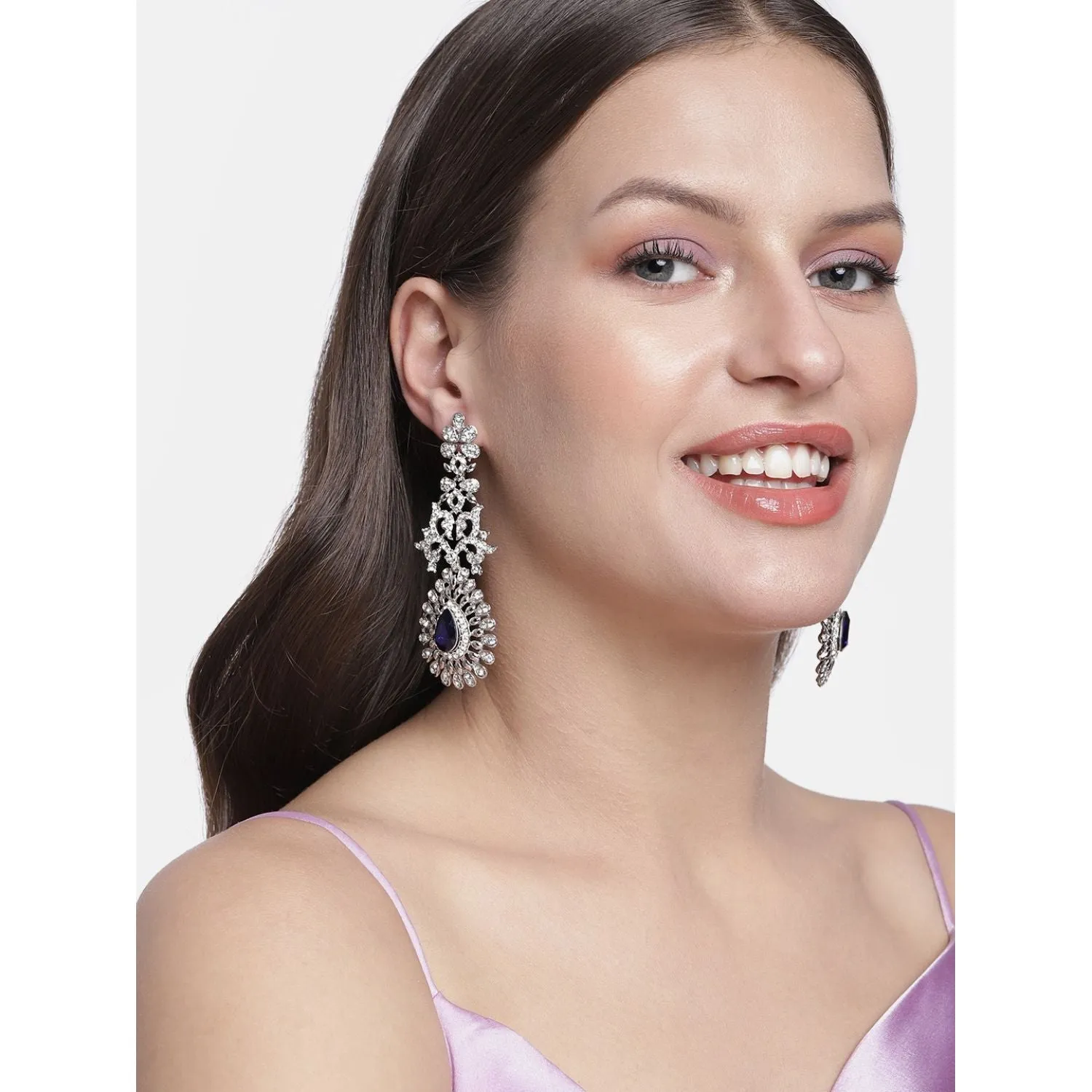 18k Rhodium Plated American Diamond Sparkling Dangle Earrings for Women