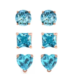 18k Rose Gold Plated 4mm Created Blue Topaz 3 Pair Round, Square and Heart Stud Earrings