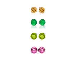 18k White Gold Plated 1/2Ct Created Citrine, Emerald, Peridot and Pink Sapphire 4 Pair Round Stud Earrings