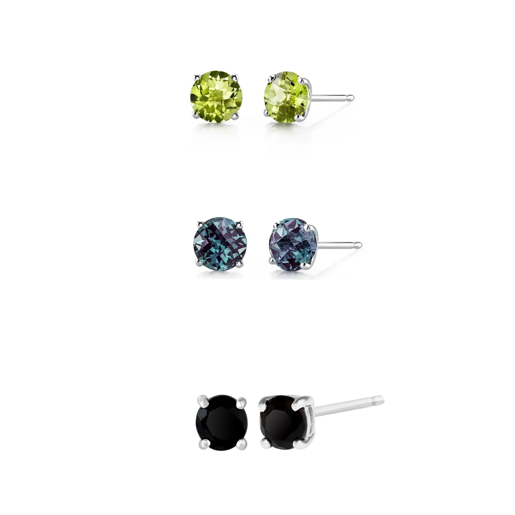 18k White Gold Plated 3Ct Created Peridot, Alexandrite and Black Sapphire 3 Pair Round Stud Earrings