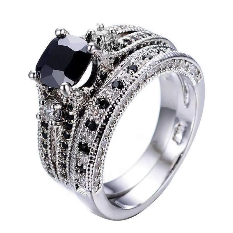 18K White Gold Plated Midnight Rendezvous Black CZ Solitaire Engagement Ring Set for Woman